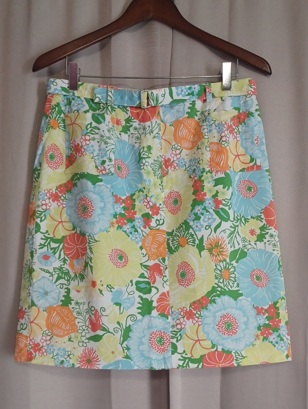 Talbots Petites Sz 10 Cotton Canvas A-Line Skirt Bright Floral Pockets Belted
